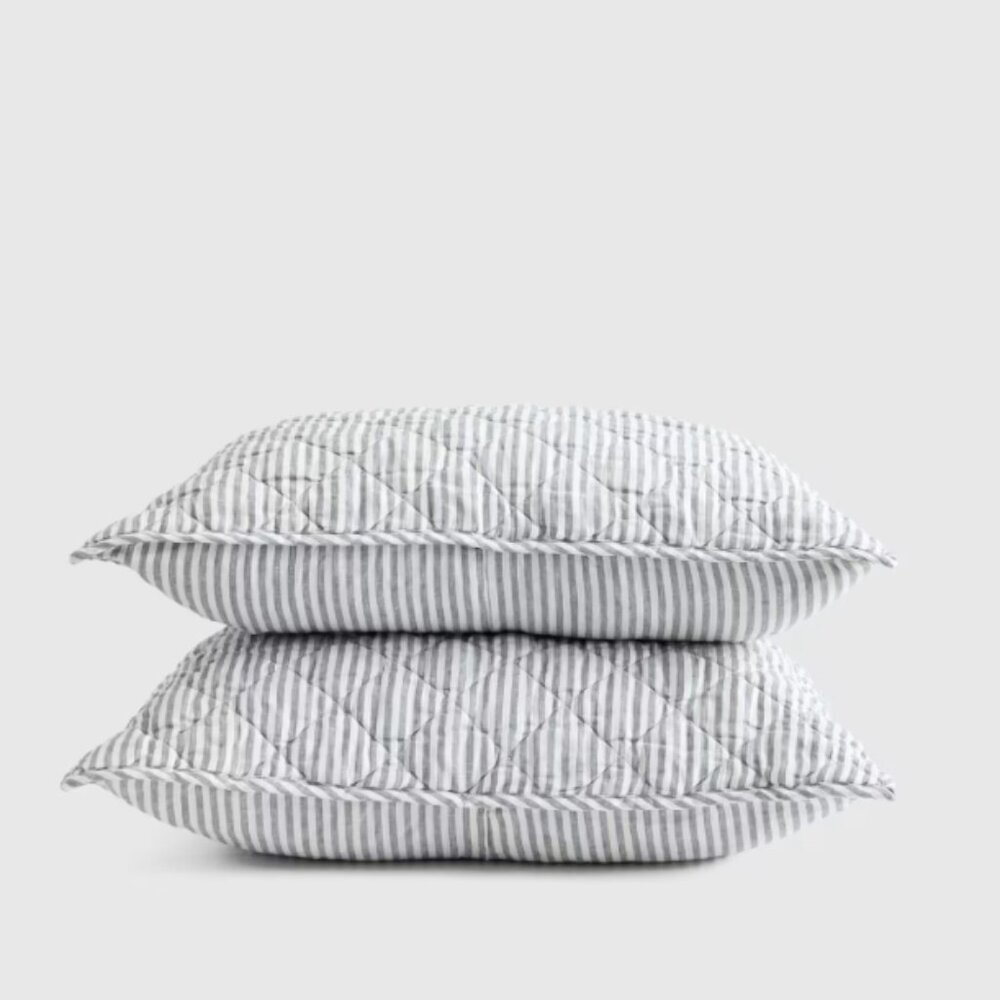 NWOT QUINCE European Linen Stripe Quilted King Sham Set Grey/White Stripe (Q10)
